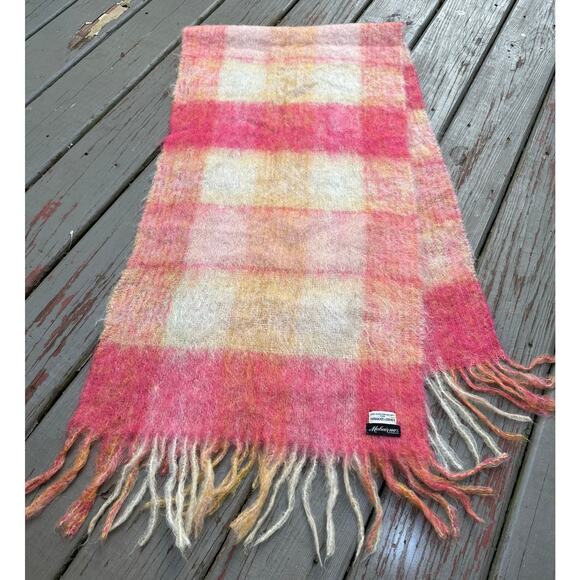 Abraham & Straus 100% Mohair Scarf orange coral yellow large Plaid Germany70x17” - Picture 1 of 12